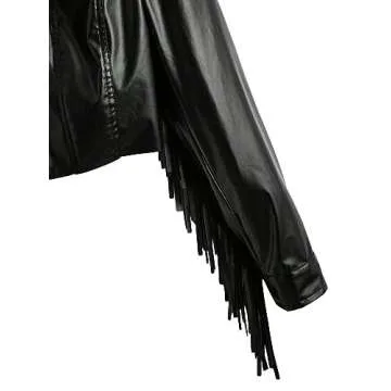 WDIRARA Women's Leather Fringe Jacket Fire Print Button Front Crop Casual PU Blazer with Pocket Black Multi M
