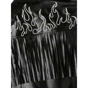 WDIRARA Women's Leather Fringe Jacket Fire Print Button Front Crop Casual PU Blazer with Pocket Black Multi M