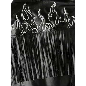 WDIRARA Women's Leather Fringe Jacket Fire Print Button Front Crop Casual PU Blazer with Pocket Black Multi M