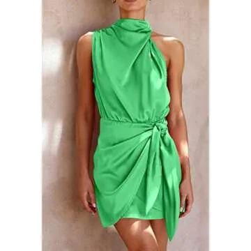 PRETTYGARDEN Women's Short Formal Satin Dress Summer Sleeveless Mock Neck Tie Waist Cocktail Party D...