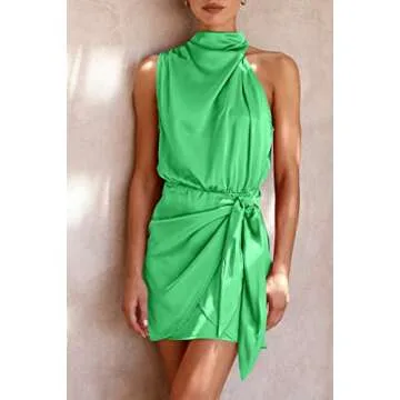 PRETTYGARDEN Women's Short Formal Satin Dress Summer Sleeveless Mock Neck Tie Waist Cocktail Party Dresses (Grass Green,Medium)