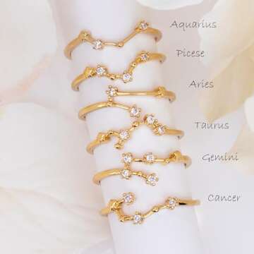 Zodiac Constellation Ring For Women Personalized Birthday Gift For Her Astrology Horoscope Jewelry Gift Dainty Sparkly Ring With Star Map Stackable Cute Ring 14k Gold Plated Silver Plated Rings