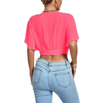 LYANER Women's Deep V Neck Tie Front Knot Wrap Ruffle Short Sleeeve Crop Top Blouse Hot Pink X-Large
