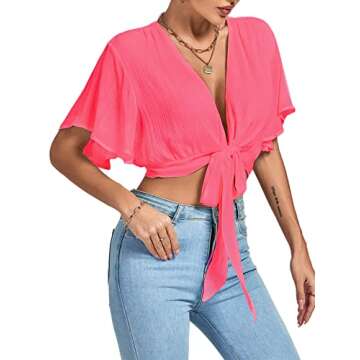 LYANER Women's Deep V Neck Tie Front Knot Wrap Ruffle Short Sleeeve Crop Top Blouse Hot Pink X-Large