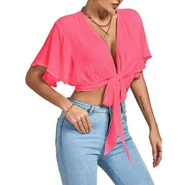 LYANER Women's Deep V Neck Tie Front Knot Wrap Ruffle Short Sleeeve Crop Top Blouse Hot Pink X-Large