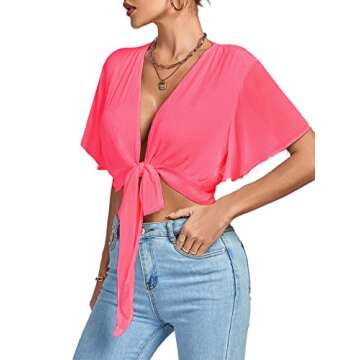 LYANER Women's Deep V Neck Tie Front Knot Wrap Ruffle Short Sleeeve Crop Top Blouse Hot Pink X-Large