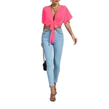LYANER Women's Deep V Neck Tie Front Knot Wrap Ruffle Short Sleeeve Crop Top Blouse Hot Pink X-Large