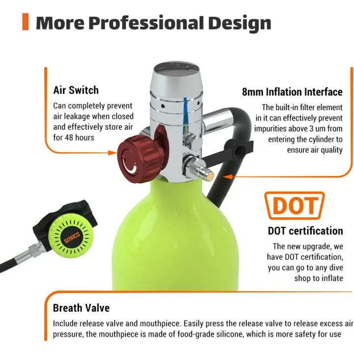 SMACO 1L Mini Scuba Tank S400 for Safe Diving Adventures
