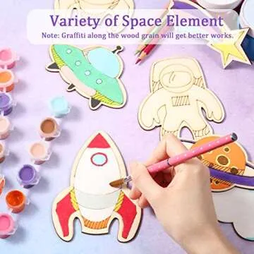 Jetec 27 Pieces Outer Space Crafts Unfinished Wooden Cutouts Space Themed Party Favor Rocket Planet Astronaut Alien DIY Wood Painting Art Project for Classroom Home Halloween Christmas Decoration