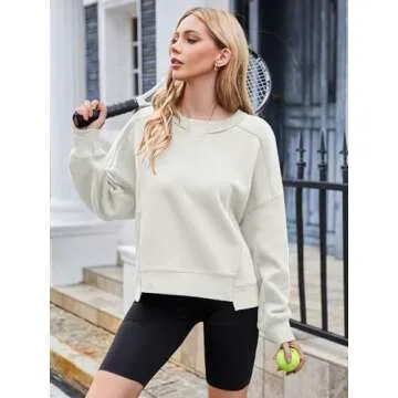 MEROKEETY Women's Oversized Cropped Sweatshirts Crewneck Fleece Workout Pullover Sweater Fall Outfit...