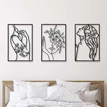 CHENGU 3 Pieces Metal Minimalist Abstract Woman Wall Art Line Drawing Wall Art Decor Single Line Fem...