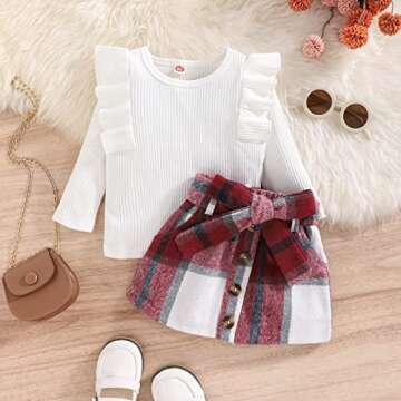 Noubeau Toddler Baby Girls Plaid Outfits Knit Ribbed Sweatshirt Shirt Tops Red Plaid Belt Skirt Fall...