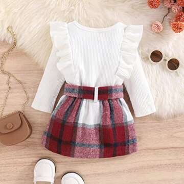 Noubeau Toddler Baby Girls Plaid Outfits Knit Ribbed Sweatshirt Shirt Tops Red Plaid Belt Skirt Fall Winter Clothes (White, 2-3T)