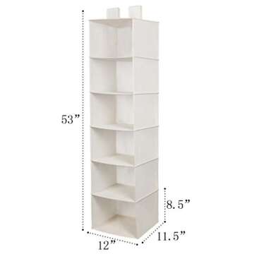 MustQ Hanging Closet Organizer, Space Saver, Hanging Storage Shelves with 2 Widen Straps, 6-Shelves Closet Hanging Sweater Organizer (Beige)