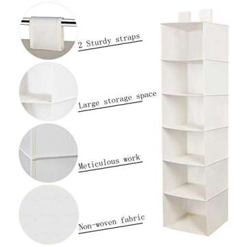 MustQ Hanging Closet Organizer, Space Saver, Hanging Storage Shelves with 2 Widen Straps, 6-Shelves Closet Hanging Sweater Organizer (Beige)