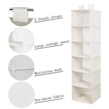 MustQ Hanging Closet Organizer, Space Saver, Hanging Storage Shelves with 2 Widen Straps, 6-Shelves Closet Hanging Sweater Organizer (Beige)