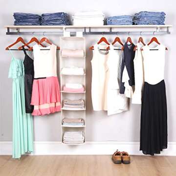 MustQ Hanging Closet Organizer, Space Saver, Hanging Storage Shelves with 2 Widen Straps, 6-Shelves Closet Hanging Sweater Organizer (Beige)