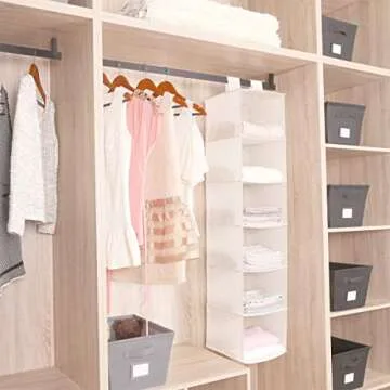 MustQ Hanging Closet Organizer, Space Saver, Hanging Storage Shelves with 2 Widen Straps, 6-Shelves Closet Hanging Sweater Organizer (Beige)