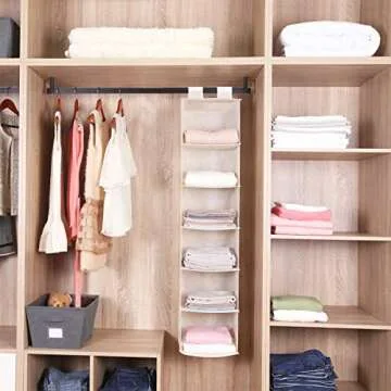 MustQ Hanging Closet Organizer, Space Saver, Hanging Storage Shelves with 2 Widen Straps, 6-Shelves Closet Hanging Sweater Organizer (Beige)