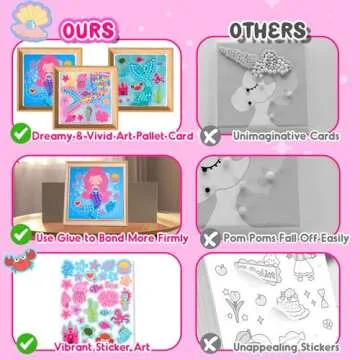 Girls Gifts DIY Toy Set 3PCS 7.9-Inch, Pom Pom Crafts & Art Kits Mermaid Crafts Gifts for Girls Age 2 3 4 5 6, Toddler DIY Toys Crafts Kits for Sensory Activity, Birthday Christmas Gifts for Girls 3-8