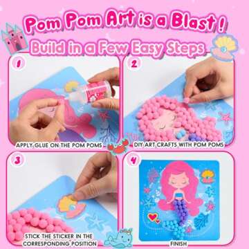 Girls Gifts DIY Toy Set 3PCS 7.9-Inch, Pom Pom Crafts & Art Kits Mermaid Crafts Gifts for Girls Age 2 3 4 5 6, Toddler DIY Toys Crafts Kits for Sensory Activity, Birthday Christmas Gifts for Girls 3-8