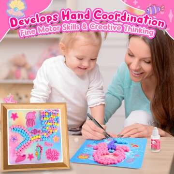 Girls Gifts DIY Toy Set 3PCS 7.9-Inch, Pom Pom Crafts & Art Kits Mermaid Crafts Gifts for Girls Age 2 3 4 5 6, Toddler DIY Toys Crafts Kits for Sensory Activity, Birthday Christmas Gifts for Girls 3-8