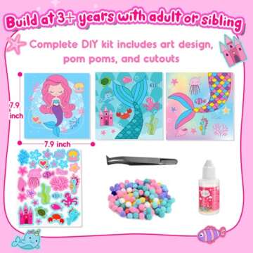 Girls Gifts DIY Toy Set 3PCS 7.9-Inch, Pom Pom Crafts & Art Kits Mermaid Crafts Gifts for Girls Age 2 3 4 5 6, Toddler DIY Toys Crafts Kits for Sensory Activity, Birthday Christmas Gifts for Girls 3-8