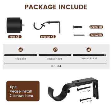 1” Diameter Curtain Rods Itself is 30 to144 inch 1 Pack Fit 30-142 inch, 66 to 120 inch Window wit...