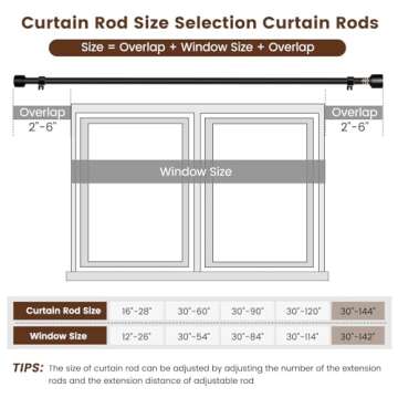 1” Diameter Curtain Rods Itself is 30 to144 inch 1 Pack Fit 30-142 inch, 66 to 120 inch Window with Heavy Duty Adjustable Rod Matte Black Curtain Splicing Metal Extra Long Curtain Rod for Windows