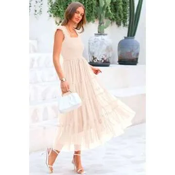 PRETTYGARDEN Women's Summer Midi Tulle Dress Sleeveless Smocked Square Neck Ruffle Flowy Party Wedding Guest Sundress (Beige,Large)