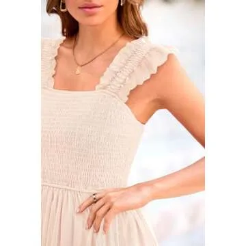 PRETTYGARDEN Women's Summer Midi Tulle Dress Sleeveless Smocked Square Neck Ruffle Flowy Party Wedding Guest Sundress (Beige,Large)