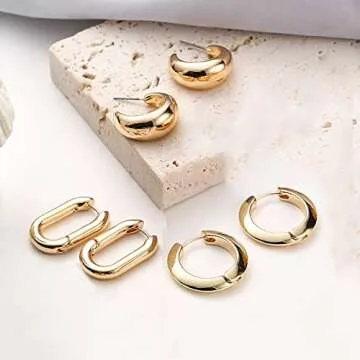 ALLHOLA 14K Gold Hoop Earrings for Women, Hypoallergenic Chunky Gold Hoop Earrings Multipack, Lightweight Twisted Huggie Hoops Earring Set Jewelry for Gifts (C-3 gold hoops)