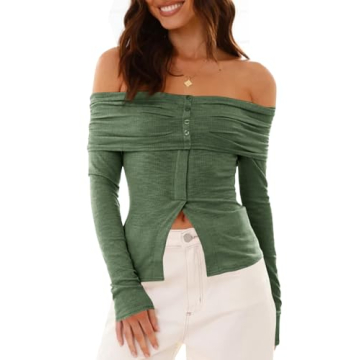 Cicy Bell Women's Off The Shoulder Tops – Cute Long Sleeve Slim Fit Ribbed Ruched Shirt for Fall 2...