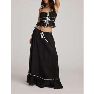 Women Y2k 2 Piece Outfits Patchwork Front Tie-Up Camisoles and Ruched Ruffle Maxi Skirt Matching Set...