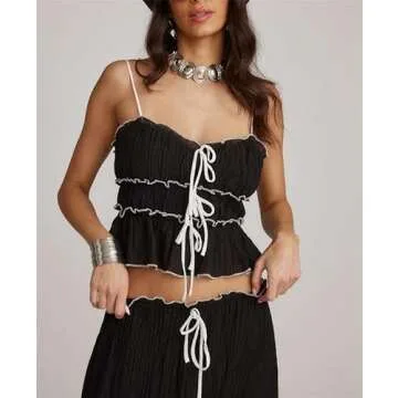 Women Y2k 2 Piece Outfits Patchwork Front Tie-Up Camisoles and Ruched Ruffle Maxi Skirt Matching Set Beachwear (Black-B, M)