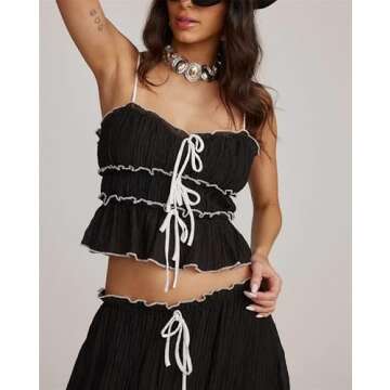 Women Y2k 2 Piece Outfits Patchwork Front Tie-Up Camisoles and Ruched Ruffle Maxi Skirt Matching Set Beachwear (Black-B, M)