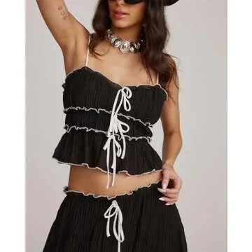 Women Y2k 2 Piece Outfits Patchwork Front Tie-Up Camisoles and Ruched Ruffle Maxi Skirt Matching Set Beachwear (Black-B, M)