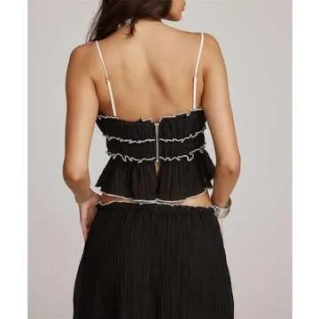 Women Y2k 2 Piece Outfits Patchwork Front Tie-Up Camisoles and Ruched Ruffle Maxi Skirt Matching Set Beachwear (Black-B, M)