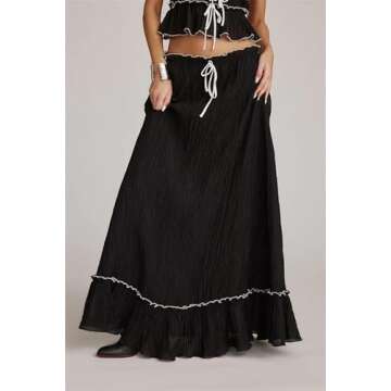 Women Y2k 2 Piece Outfits Patchwork Front Tie-Up Camisoles and Ruched Ruffle Maxi Skirt Matching Set Beachwear (Black-B, M)