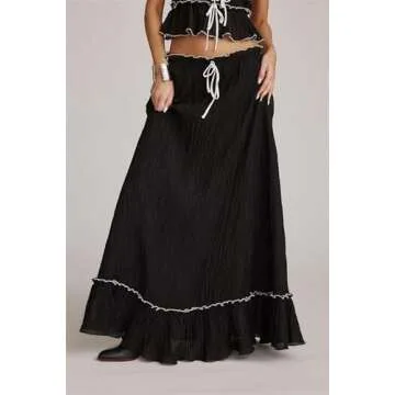 Women Y2k 2 Piece Outfits Patchwork Front Tie-Up Camisoles and Ruched Ruffle Maxi Skirt Matching Set Beachwear (Black-B, M)