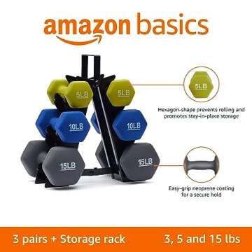 Amazon Basics Neoprene Dumbbell Hand Weights, Rack with 3 Pairs (5, 10, and 15 Pounds), Green/Blue/Grey