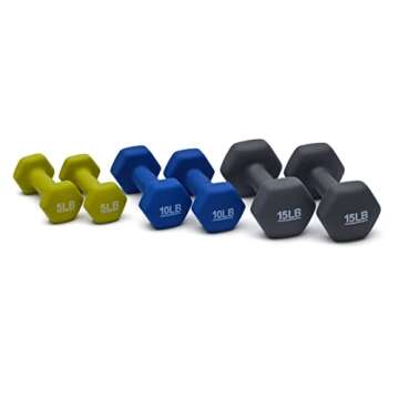 Amazon Basics Neoprene Dumbbell Hand Weights, Rack with 3 Pairs (5, 10, and 15 Pounds), Green/Blue/Grey