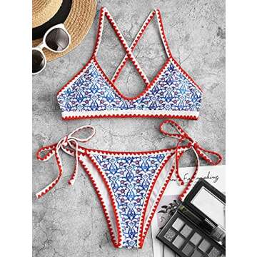 ZAFUL Bohemian Tie Whip Stitch Print Cross Bikini Spaghetti Strap Swimwear