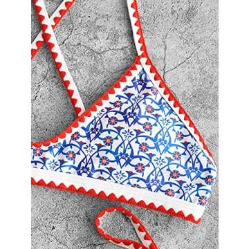 ZAFUL Bohemian Tie Whip Stitch Print Cross Bikini Spaghetti Strap Swimwear