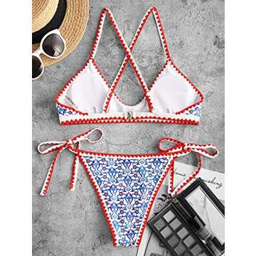 ZAFUL Bohemian Tie Whip Stitch Print Cross Bikini Spaghetti Strap Swimwear