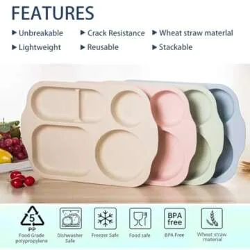 RUIBOLU Large 12 Inch Divided Plates for Kids Adults, Wheat Straw Portion Control Plate, Reusable Plastic Compartment Plates,Unbreakable Dinner Plates Dessert Plates, BPA Free