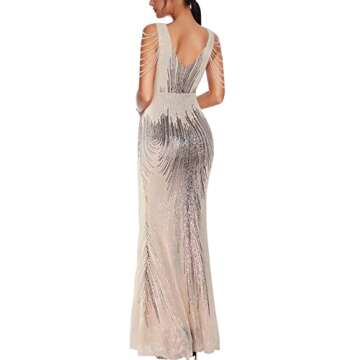 Women's V Neck Sequins Mermaid Gown Long Prom Evening Party Dress (Colorful Beige, XL)