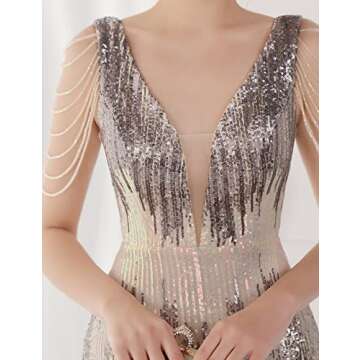 Women's V Neck Sequins Mermaid Gown Long Prom Evening Party Dress (Colorful Beige, XL)