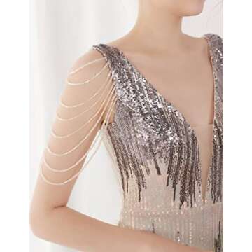 Women's V Neck Sequins Mermaid Gown Long Prom Evening Party Dress (Colorful Beige, XL)
