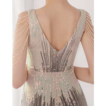 Women's V Neck Sequins Mermaid Gown Long Prom Evening Party Dress (Colorful Beige, XL)